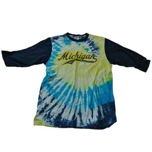 University of Michigan Vintage Nike Tie-Dye 3/4 Sleeve White Blue Yellow Medium